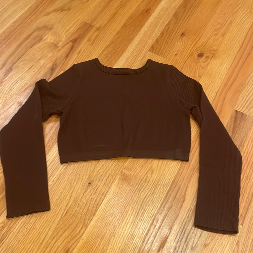 Brown Tight-Fit Cropped Long Sleeved T
